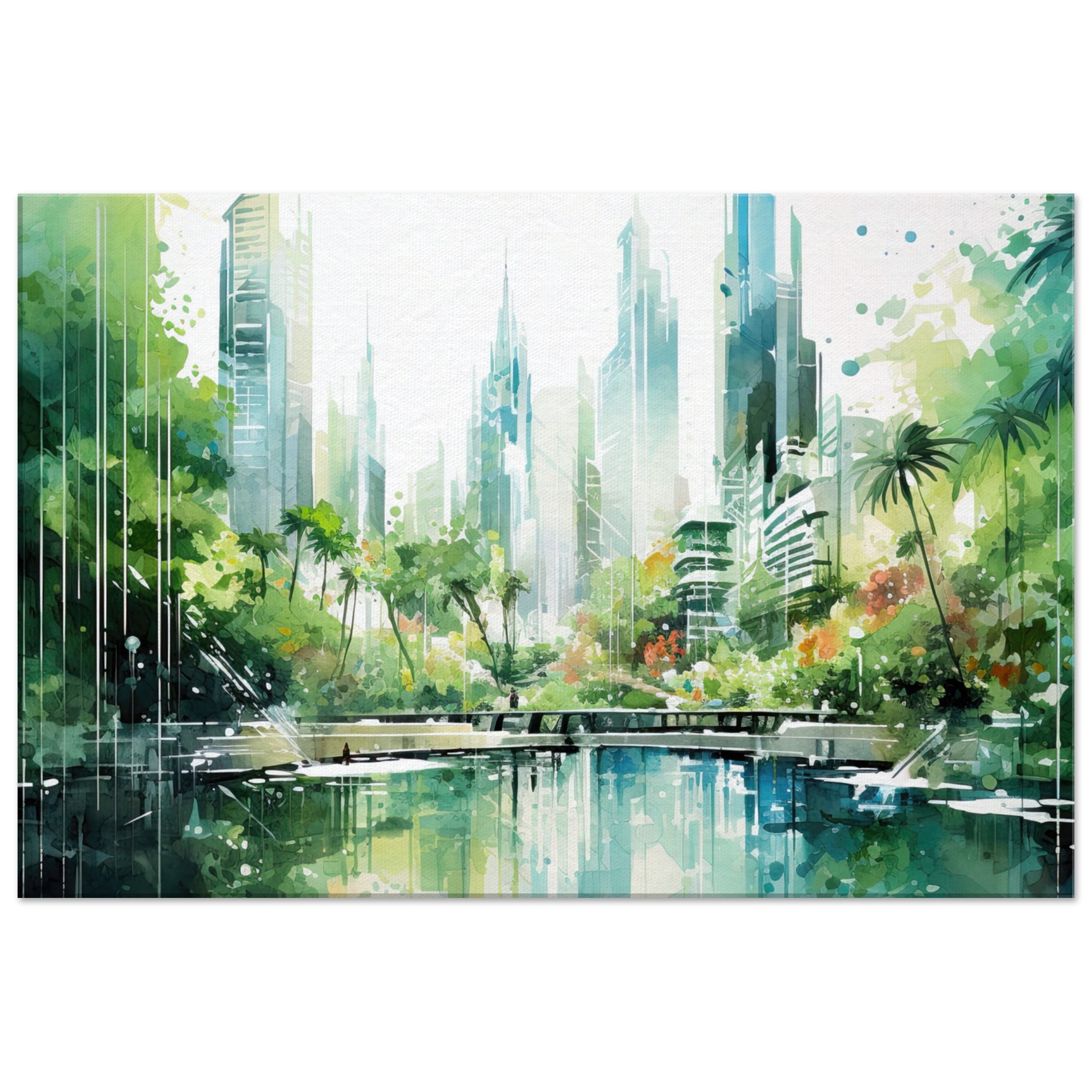 Rainy City Day Watercolor Canvas Print – 60×90 cm / 24×36″, Thick