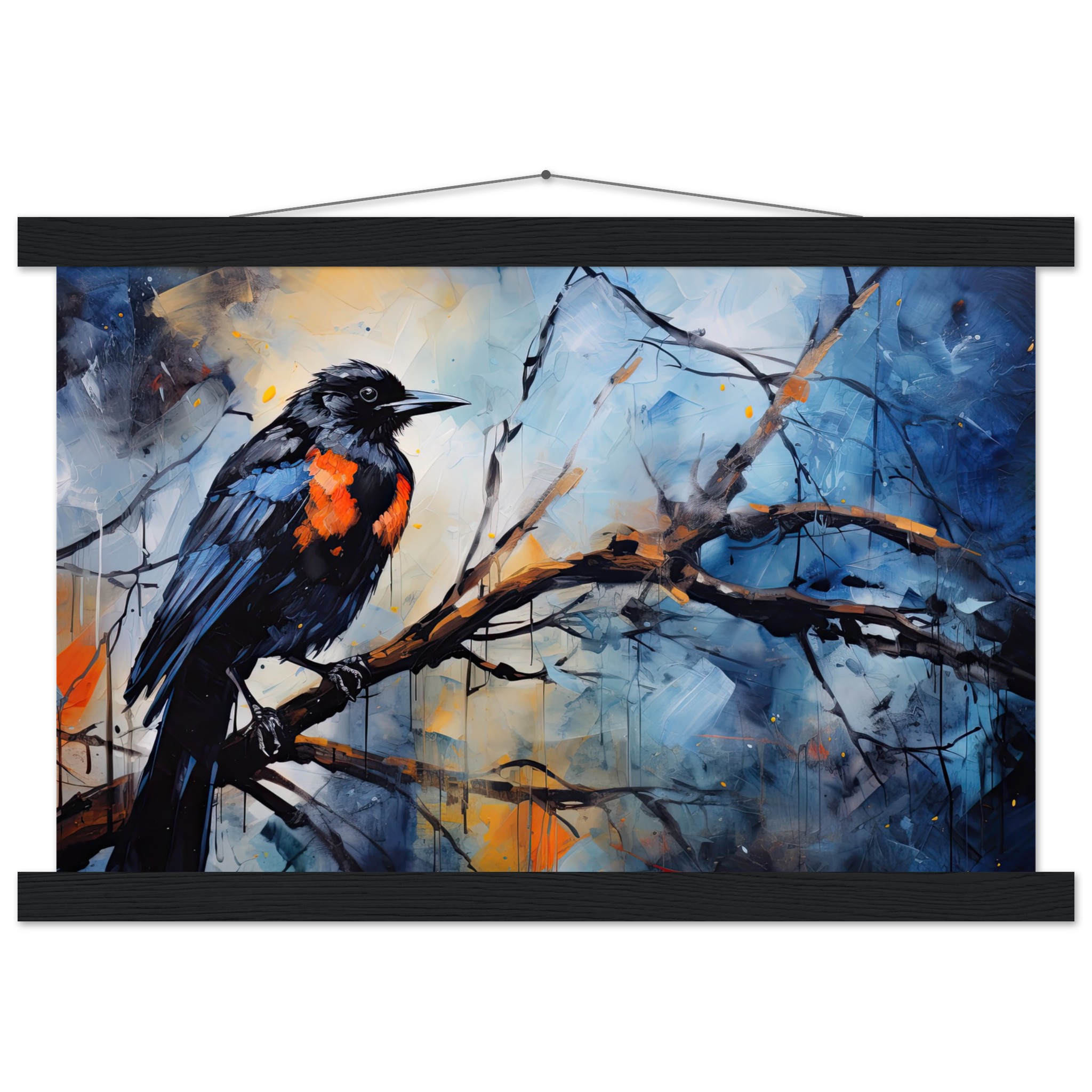 Bird Watercolor Painting Abstract Hanging Print – 30×45 cm / 12×18″, Black wall hanger