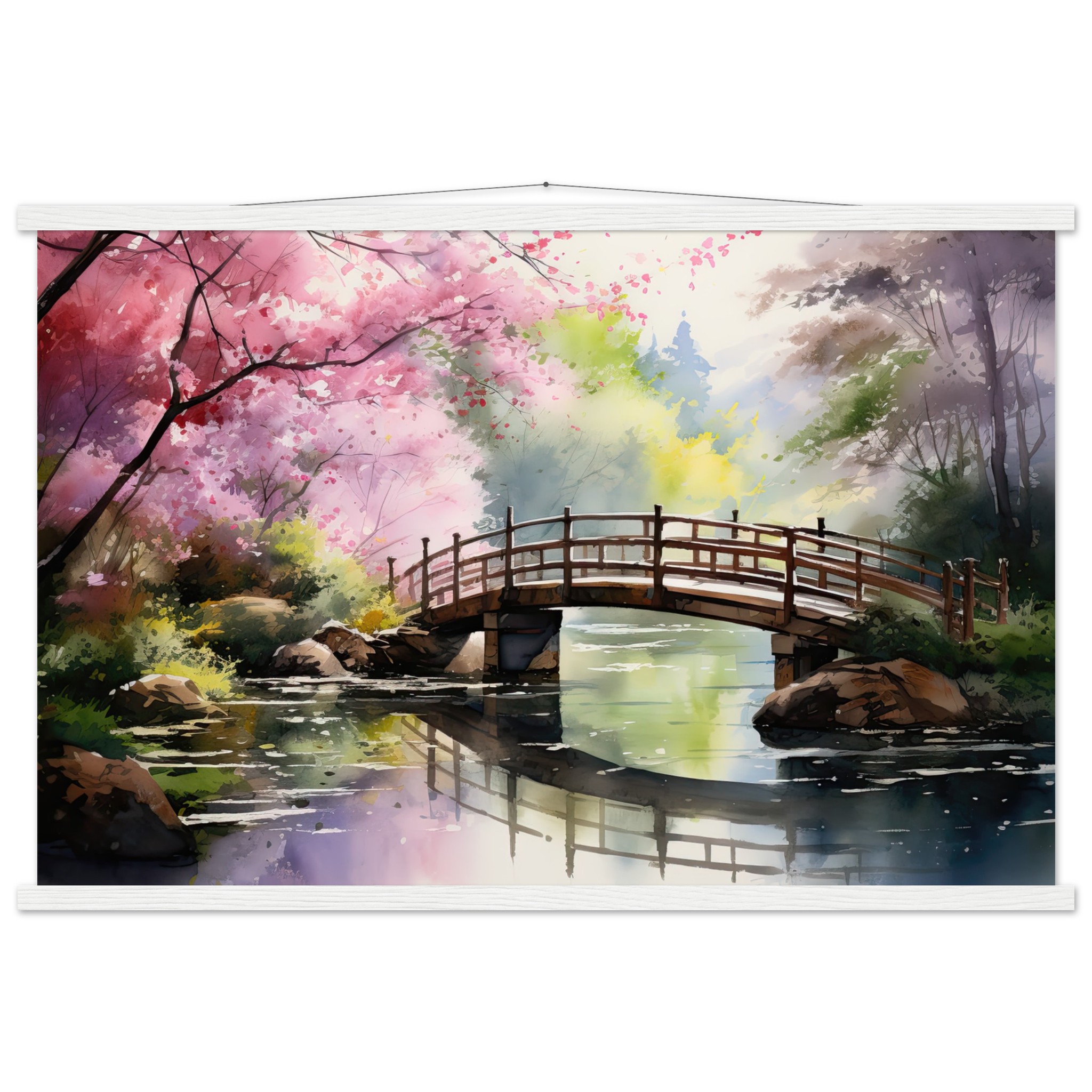 Cherry Blossom Bridge Watercolor Hanging Print – 60×90 cm / 24×36″, White wall hanger