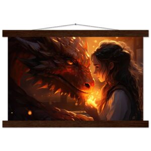 Magical Friendship - Girl and Dragon - Hanging Print - 30x45 cm / 12x18″, Dark wood wall hanger