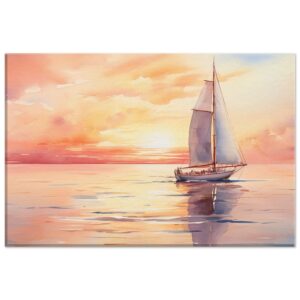 Beautiful Watercolor Sunset Sailboat Canvas Print - 30x45 cm / 12x18″, Thick