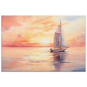 Beautiful Watercolor Sunset Sailboat Canvas Print - 40x60 cm / 16x24″, Slim