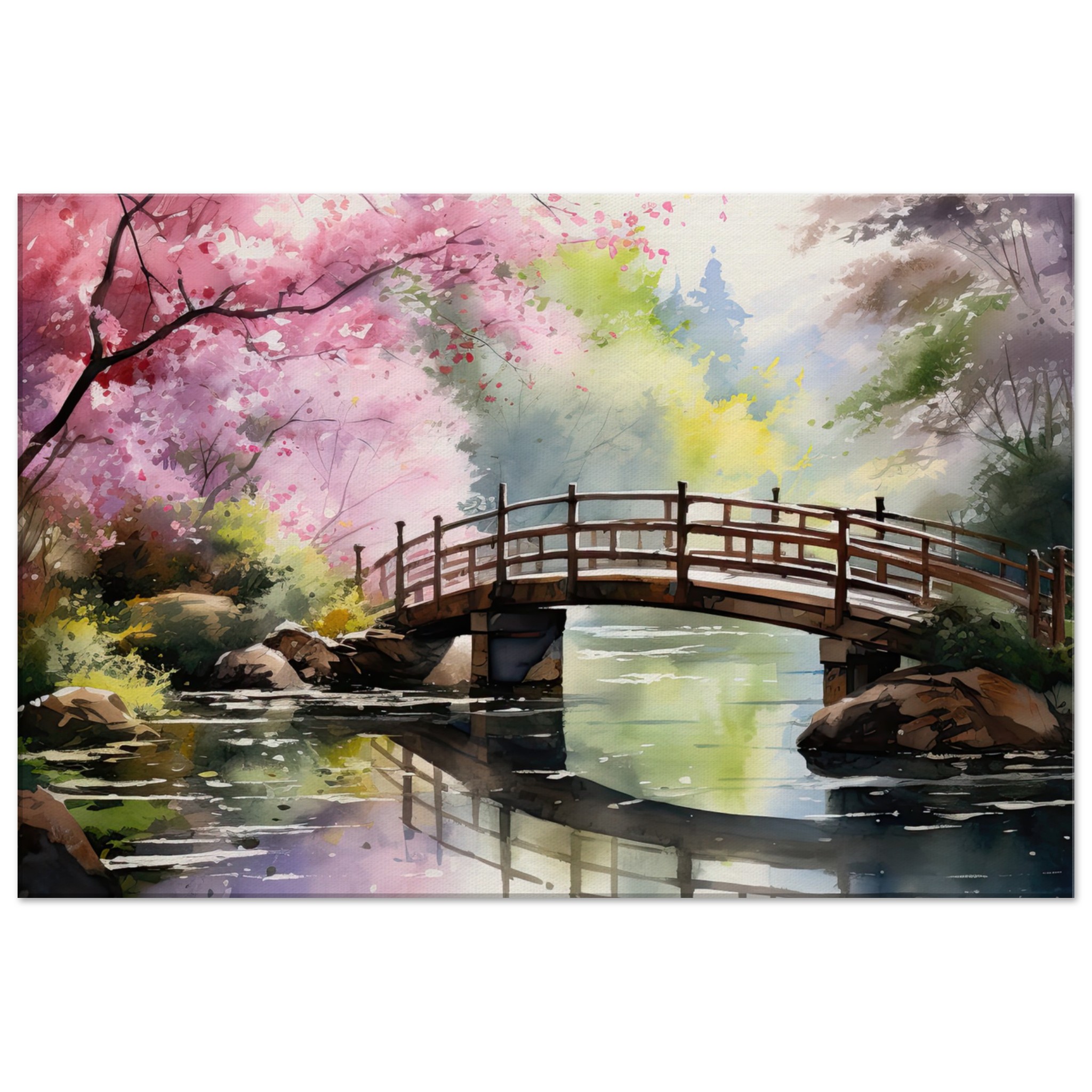Cherry Blossom Bridge Watercolor Canvas Print – 60×90 cm / 24×36″, Thick