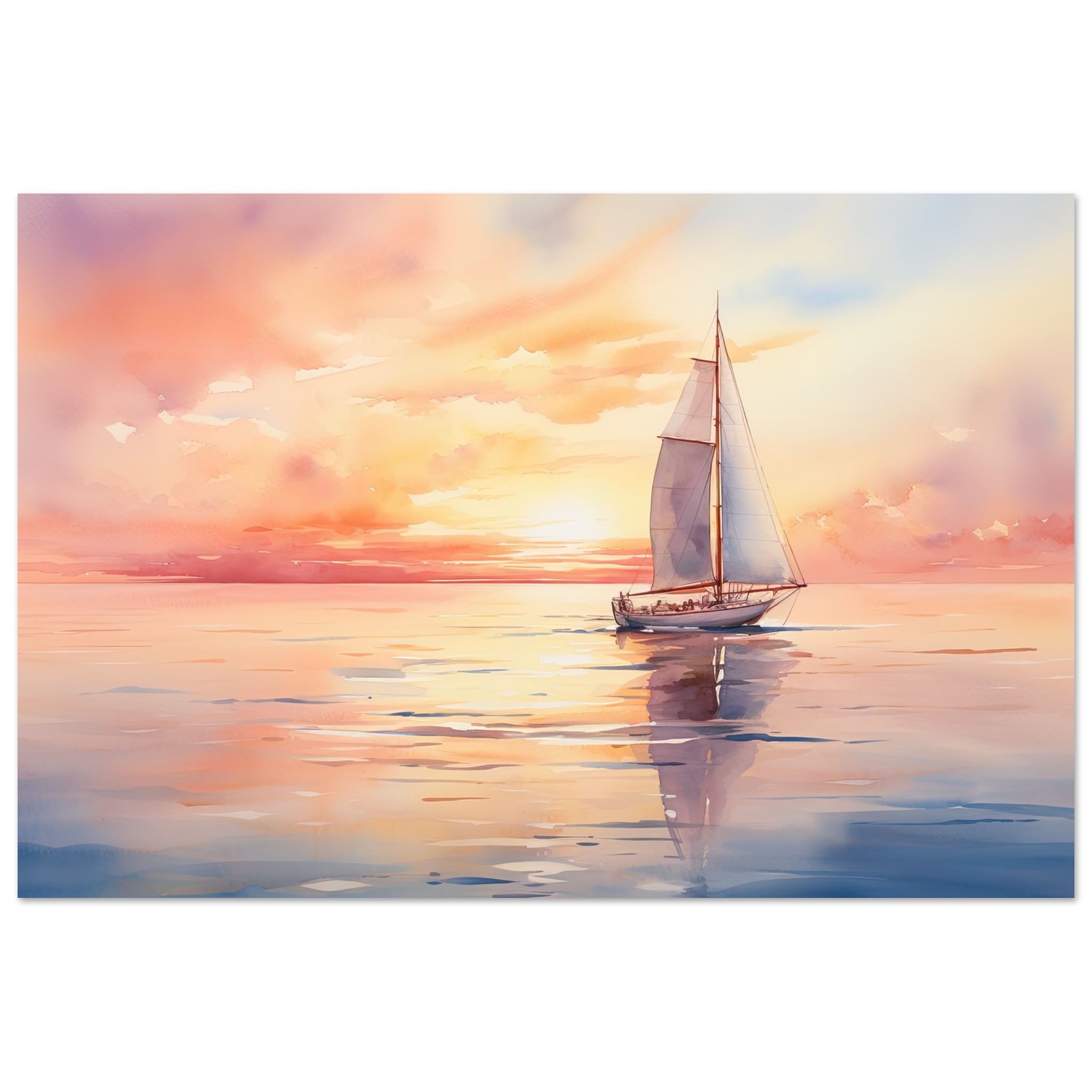 Beautiful Watercolor Sunset Sailboat Metal Print – 60×90 cm / 24×36″
