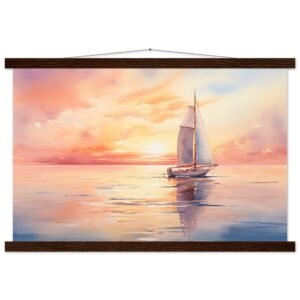 Beautiful Watercolor Sunset Sailboat Hanging Print - 40x60 cm / 16x24″, Dark wood wall hanger