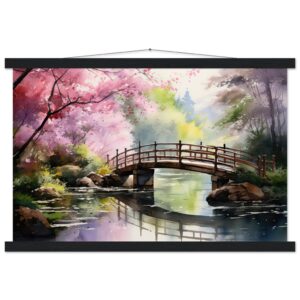 Cherry Blossom Bridge Watercolor Hanging Print - 40x60 cm / 16x24″, Black wall hanger