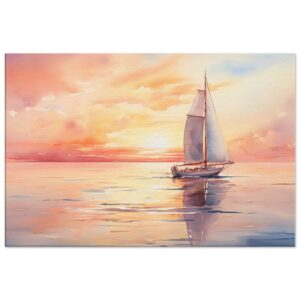 Beautiful Watercolor Sunset Sailboat Canvas Print - 60x90 cm / 24x36″, Thick