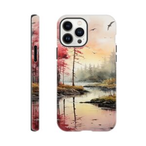 Red Lake Sunset – Watercolor Landscape Phone Case - Tough case, Apple - iPhone 13 Pro Max