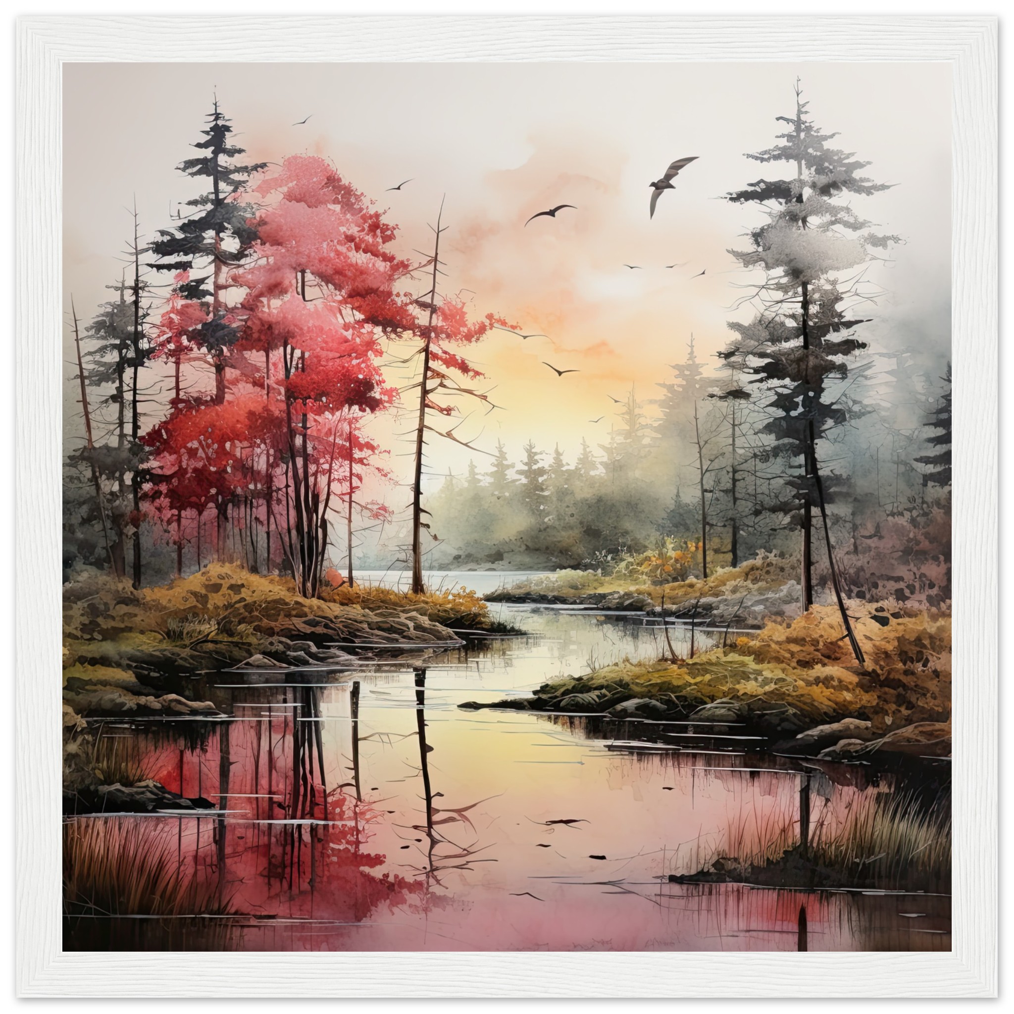 Red Lake Sunset – Watercolor Landscape Framed Print