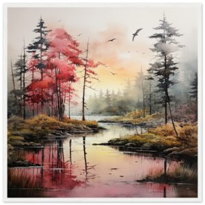 Red Lake Sunset – Watercolor Landscape Framed Print