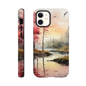 Red Lake Sunset – Watercolor Landscape Phone Case - Tough case, Apple - iPhone 12 Mini
