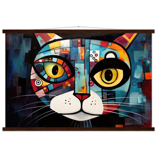 Abstract Painted Cat Face Hanging Print - 60x90 cm / 24x36″, Dark wood wall hanger
