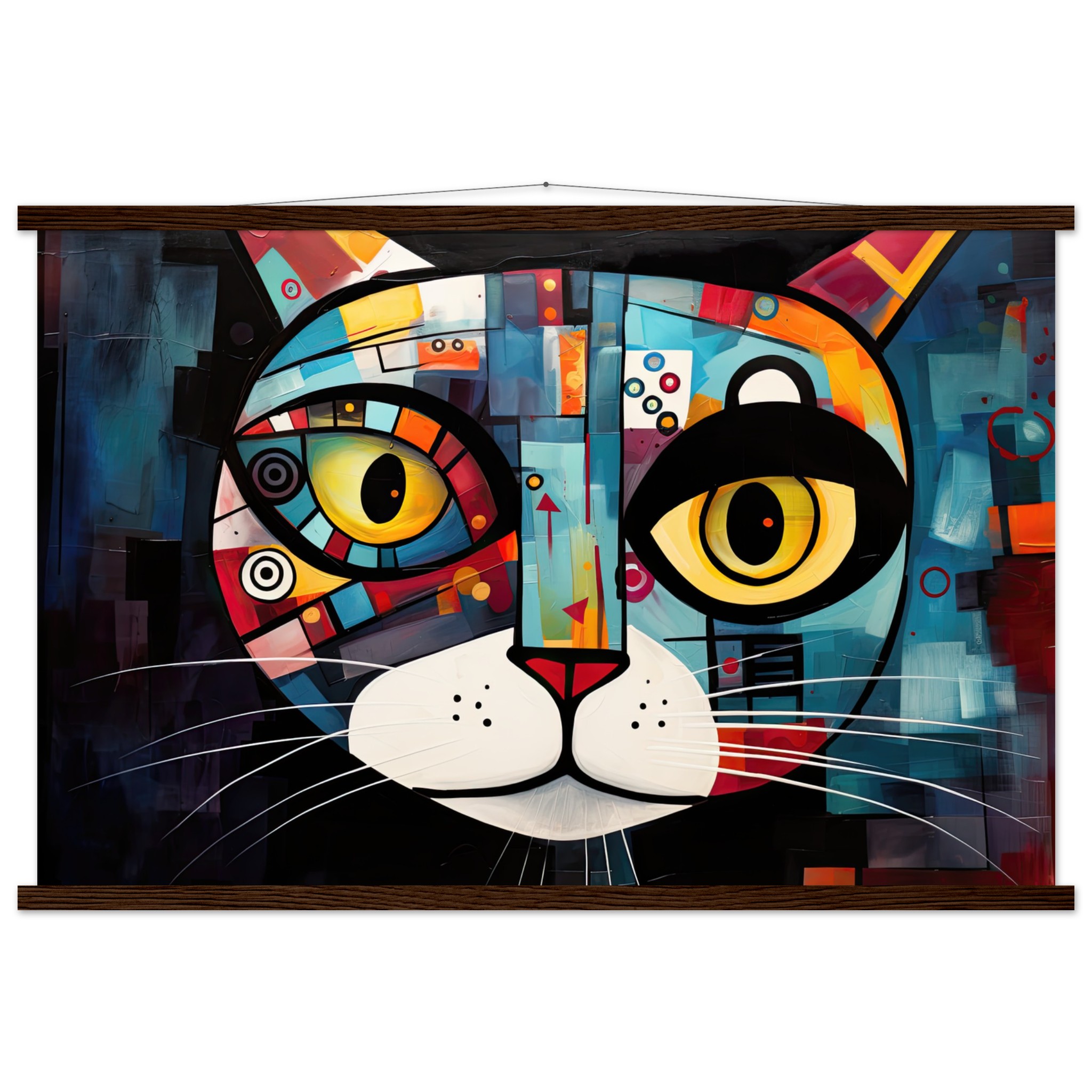 Abstract Painted Cat Face Hanging Print – 60×90 cm / 24×36″, Dark wood wall hanger