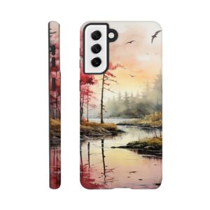 Red Lake Sunset – Watercolor Landscape Phone Case - Tough case, Samsung - Galaxy S21 Plus