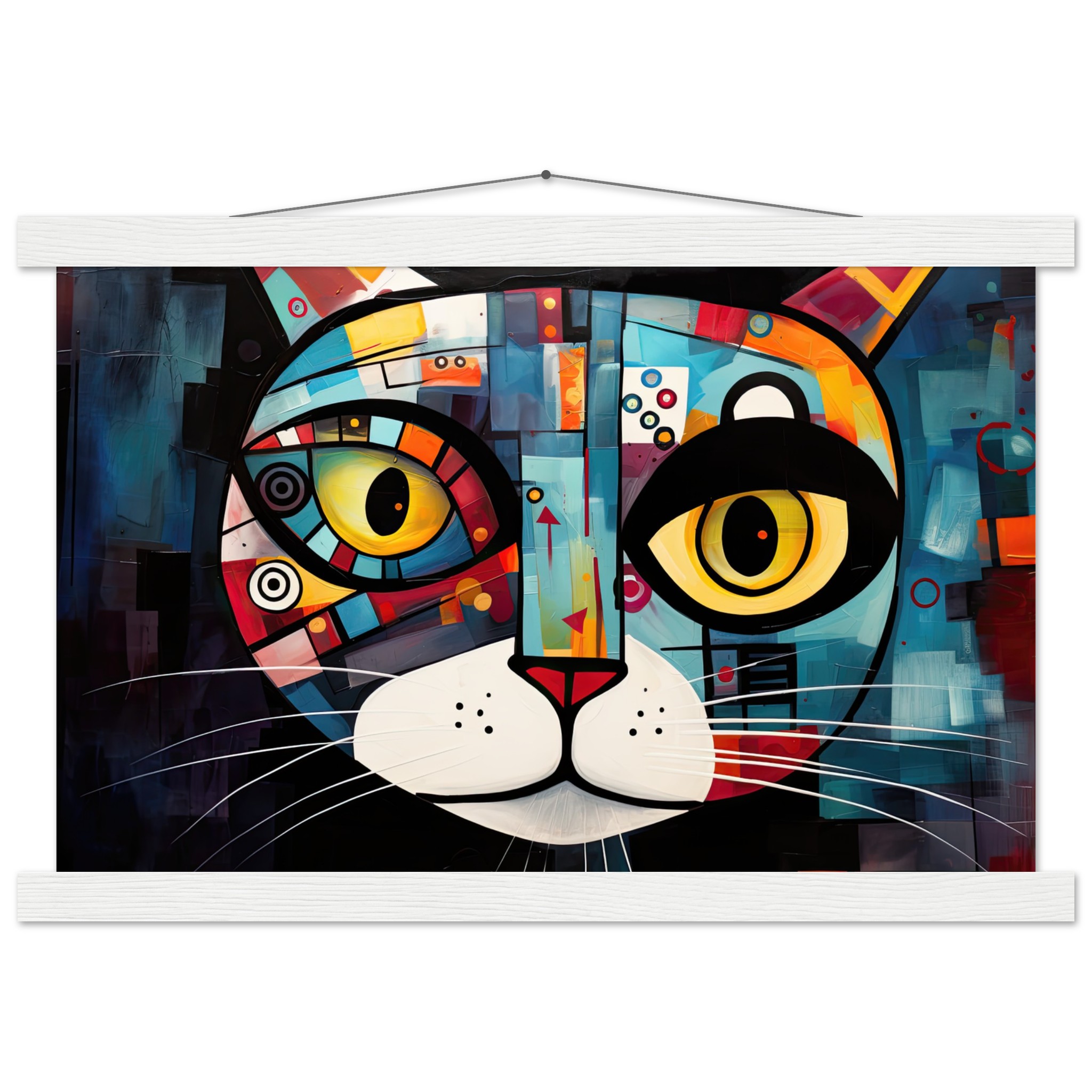 Abstract Painted Cat Face Hanging Print – 30×45 cm / 12×18″, White wall hanger