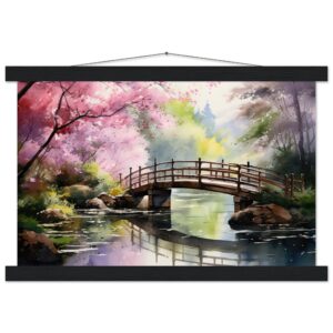 Cherry Blossom Bridge Watercolor Hanging Print - 30x45 cm / 12x18″, Black wall hanger