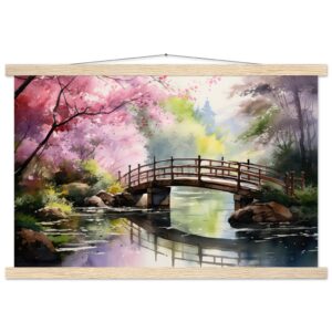 Cherry Blossom Bridge Watercolor Hanging Print - 40x60 cm / 16x24″, Natural wood wall hanger