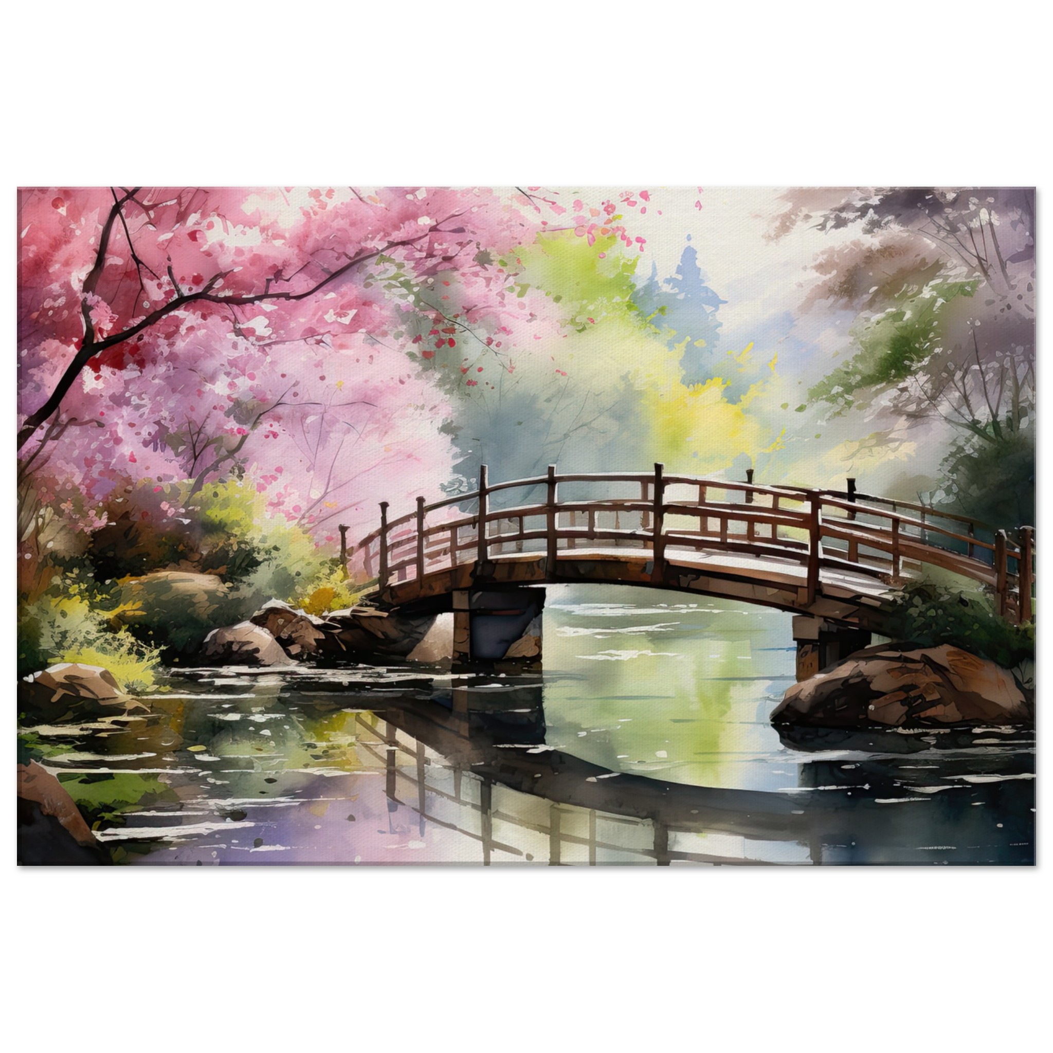 Cherry Blossom Bridge Watercolor Canvas Print – 50×75 cm / 20×30″, Slim