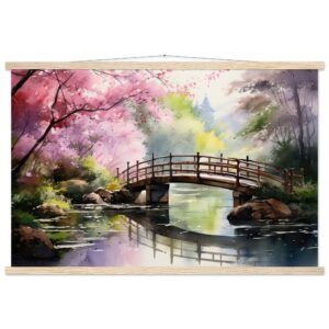 Cherry Blossom Bridge Watercolor Hanging Print - 60x90 cm / 24x36″, Natural wood wall hanger