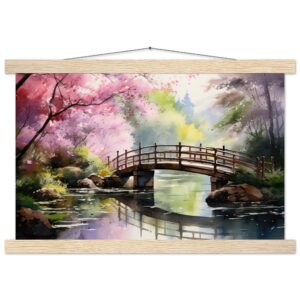 Cherry Blossom Bridge Watercolor Hanging Print - 30x45 cm / 12x18″, Natural wood wall hanger