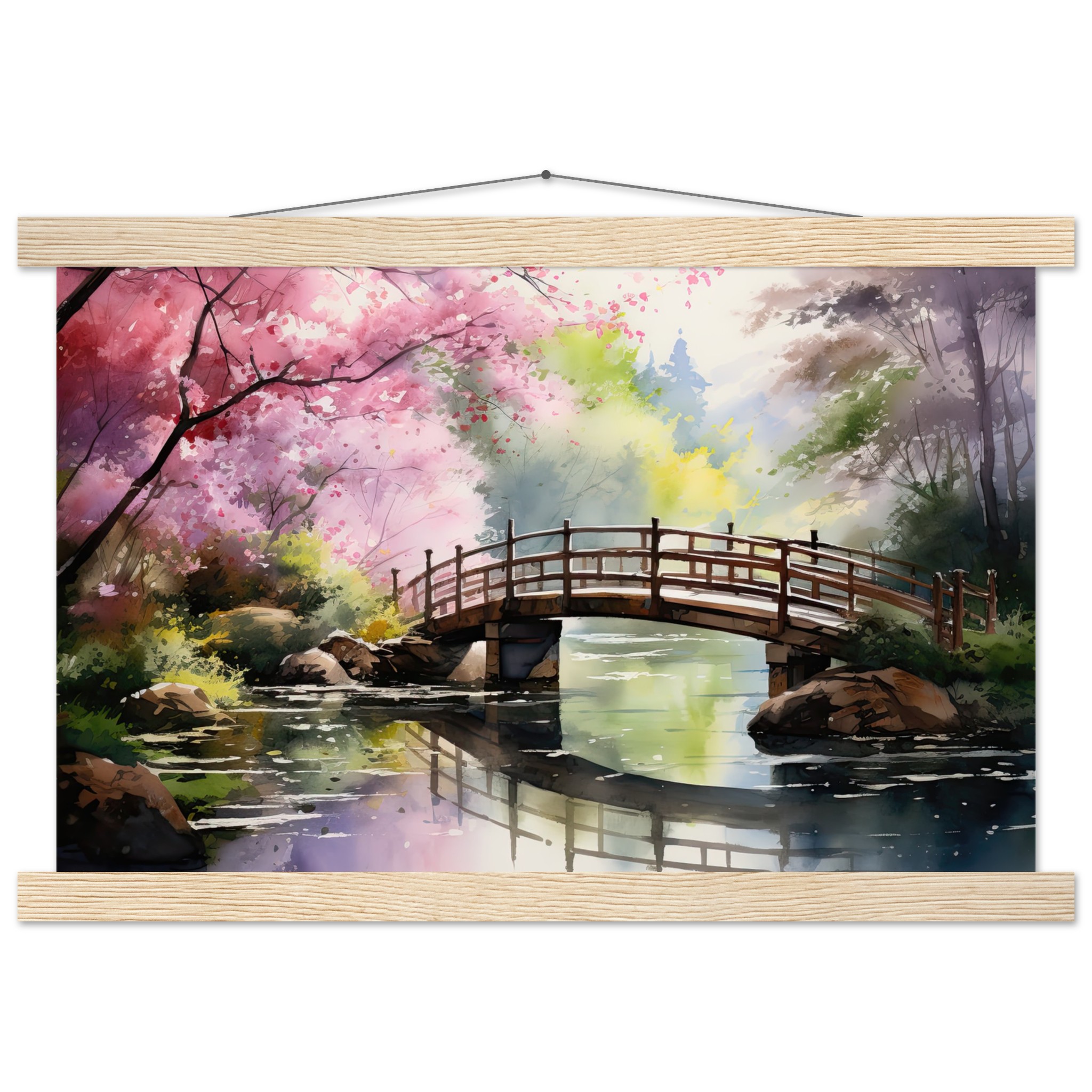 Cherry Blossom Bridge Watercolor Hanging Print – 30×45 cm / 12×18″, Natural wood wall hanger