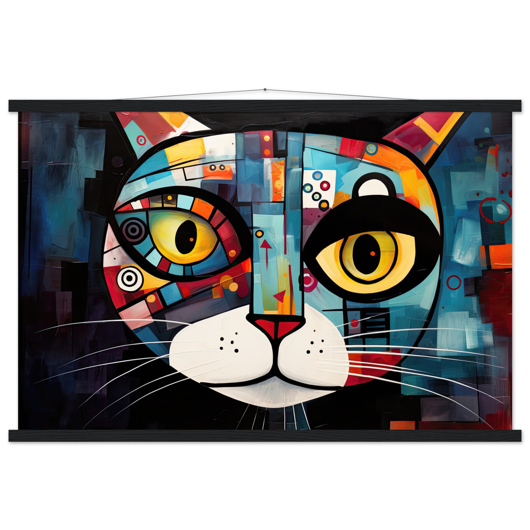 Abstract Painted Cat Face Hanging Print – 60×90 cm / 24×36″, Black wall hanger