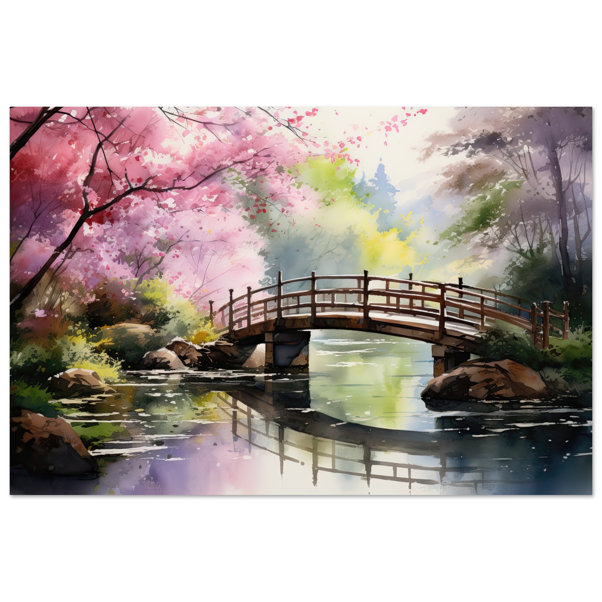 Cherry Blossom Bridge Watercolor Poster – 30×45 cm / 12×18″