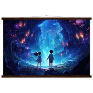 A World of Wonder - Anime Style Hanging Print - 60x90 cm / 24x36″, Dark wood wall hanger