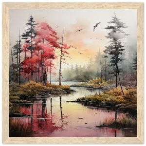 Red Lake Sunset – Watercolor Landscape Framed Print