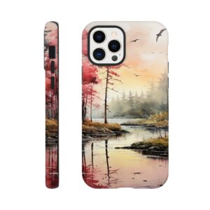 Red Lake Sunset – Watercolor Landscape Phone Case - Tough case, Apple - iPhone 12 Pro