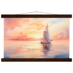 Beautiful Watercolor Sunset Sailboat Hanging Print - 30x45 cm / 12x18″, Dark wood wall hanger