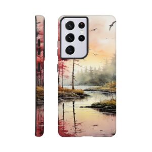 Red Lake Sunset – Watercolor Landscape Phone Case - Tough case, Samsung - Galaxy S21 Ultra