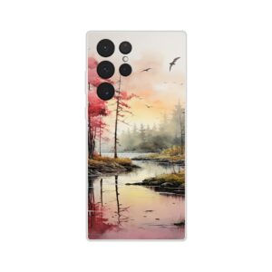 Red Lake Sunset – Watercolor Landscape Phone Case - Flexi case, Samsung - Galaxy S22 Ultra