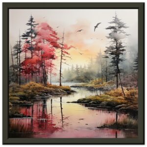 Red Lake Sunset – Watercolor Landscape Framed Print