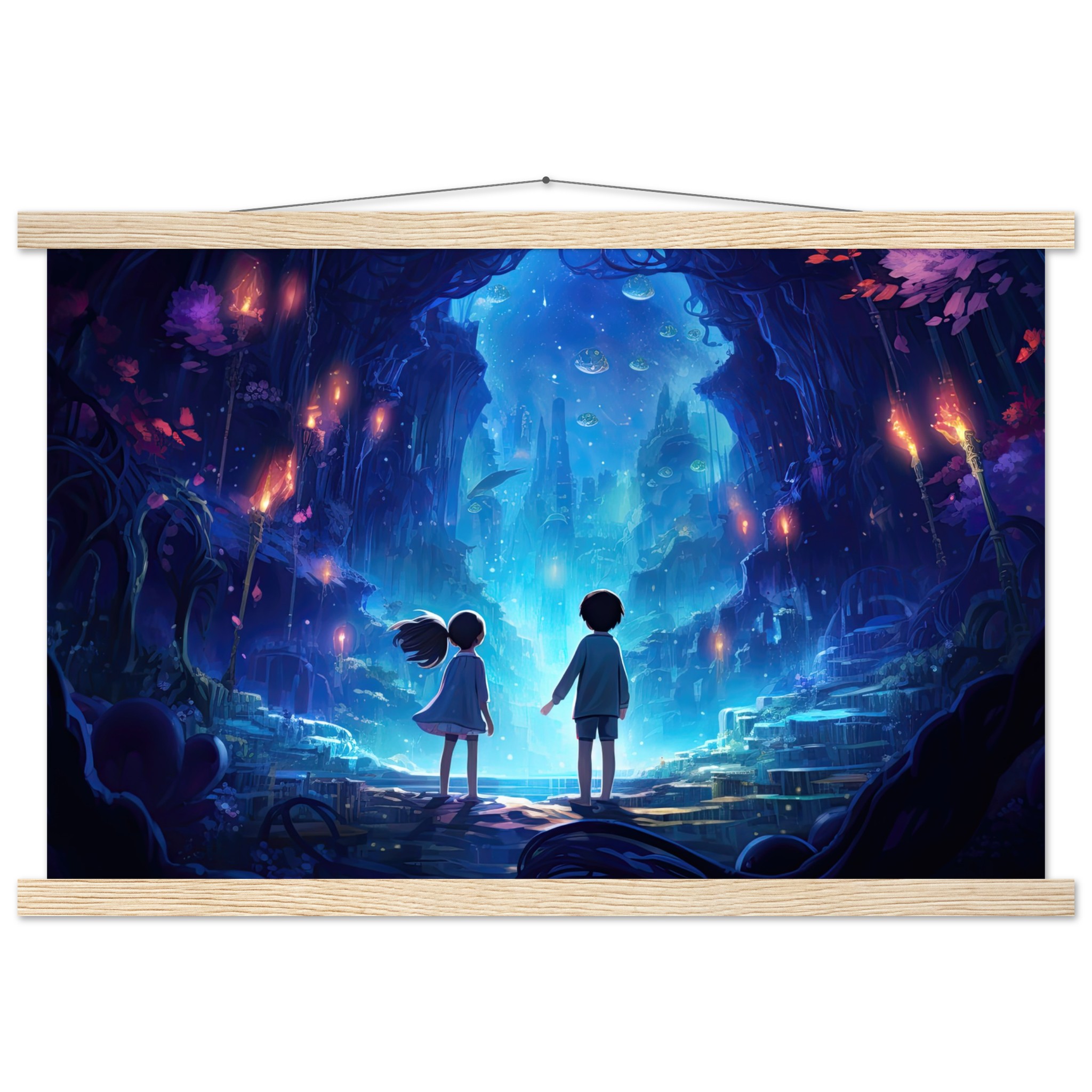 A World of Wonder – Anime Style Hanging Print – 40×60 cm / 16×24″, Natural wood wall hanger