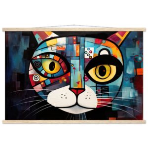 Abstract Painted Cat Face Hanging Print - 60x90 cm / 24x36″, Natural wood wall hanger