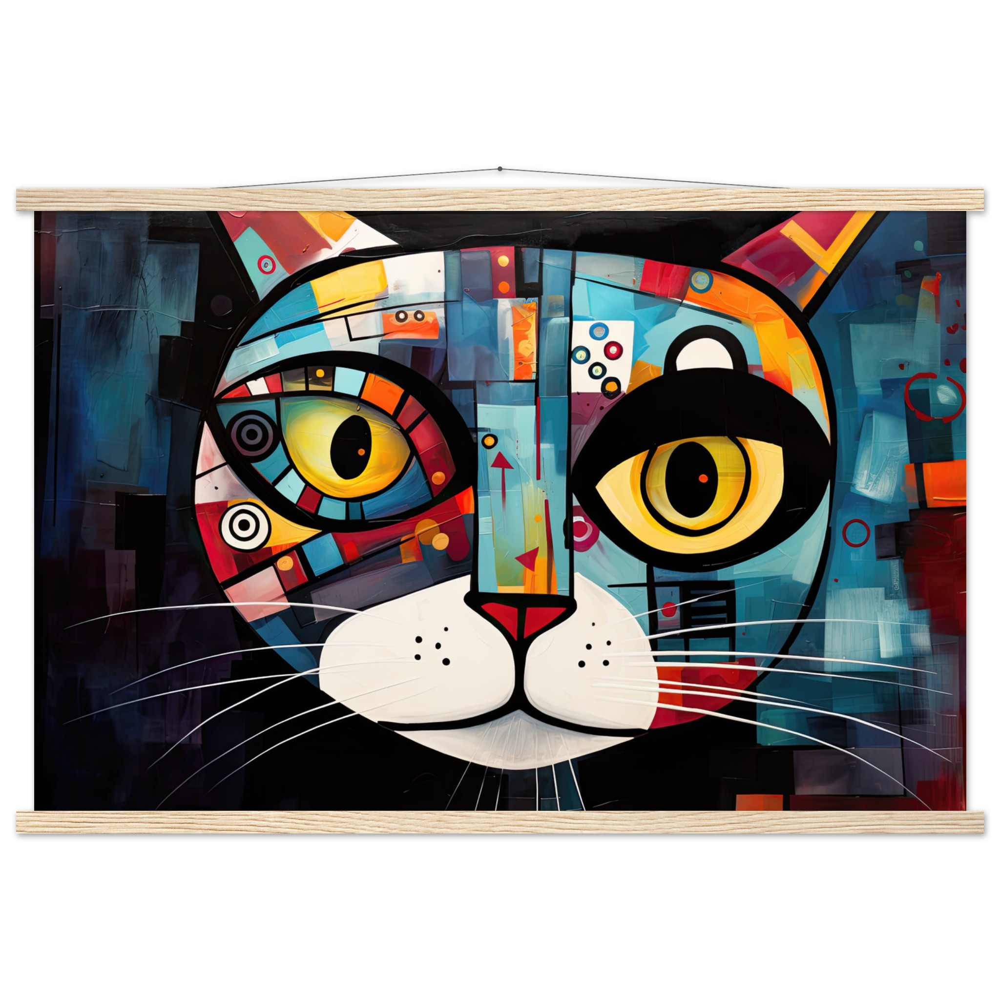 Abstract Painted Cat Face Hanging Print – 60×90 cm / 24×36″, Natural wood wall hanger