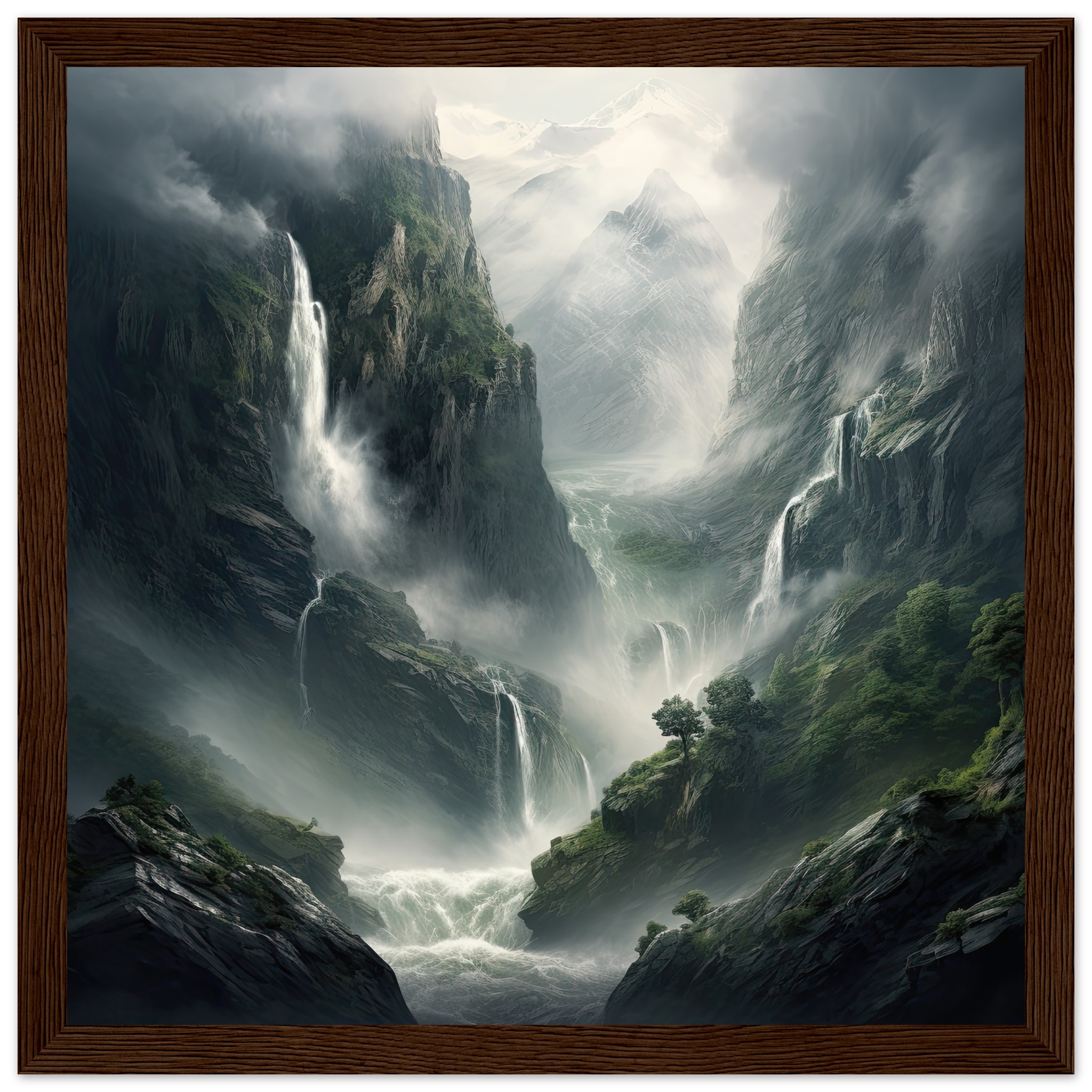 Mountain Waterfalls Rugged Framed Print
