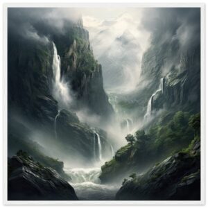 Mountain Waterfalls Rugged Framed Print