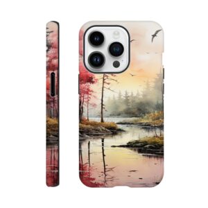 Red Lake Sunset – Watercolor Landscape Phone Case - Tough case, Apple - iPhone 14 Pro