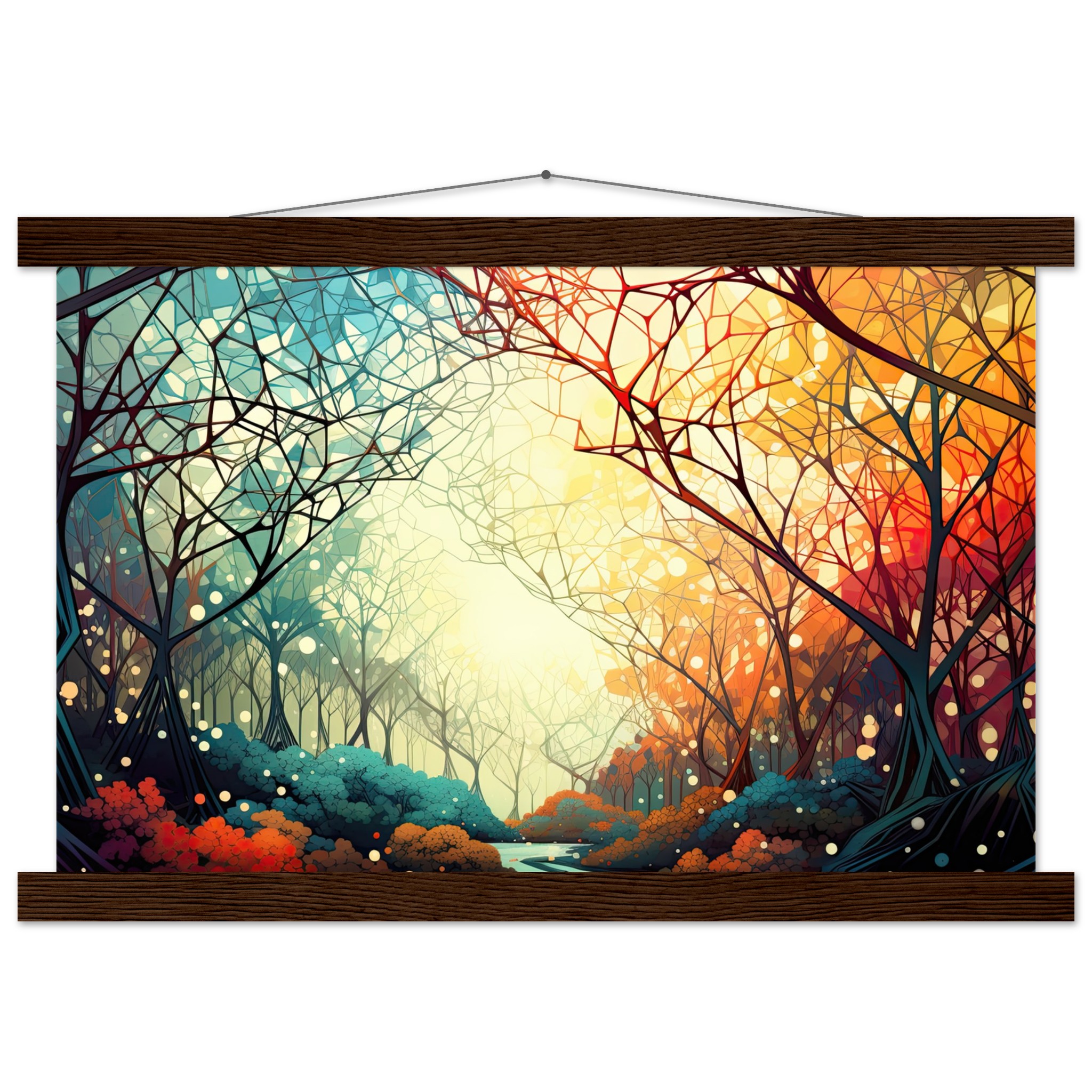 Forest Colorful Abstract Landscape Hanging Print – 30×45 cm / 12×18″, Dark wood wall hanger