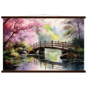 Cherry Blossom Bridge Watercolor Hanging Print - 60x90 cm / 24x36″, Dark wood wall hanger