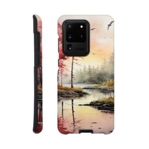 Red Lake Sunset – Watercolor Landscape Phone Case - Tough case, Samsung - Galaxy S20 Ultra