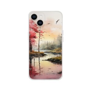 Red Lake Sunset – Watercolor Landscape Phone Case - Flexi case, Apple - iPhone 14