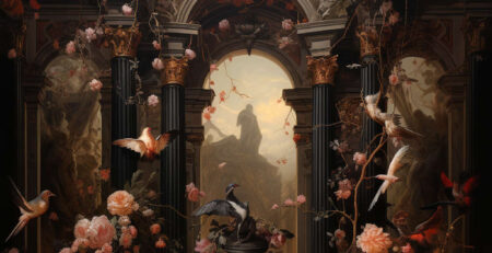 A beautiful artwork in the baroque art style showing the meeting between the theatrical and divine