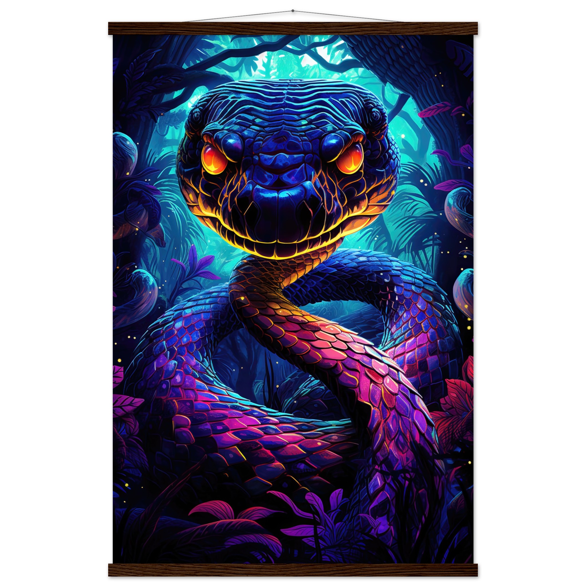 Psychedelic Snake Ultraviolet Colors Hanging Print – 60×90 cm / 24×36″, Dark wood wall hanger