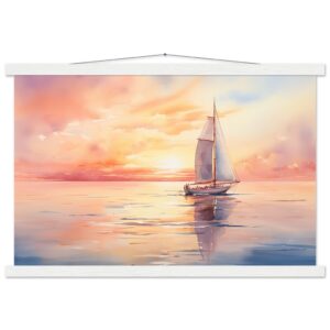 Beautiful Watercolor Sunset Sailboat Hanging Print - 40x60 cm / 16x24″, White wall hanger