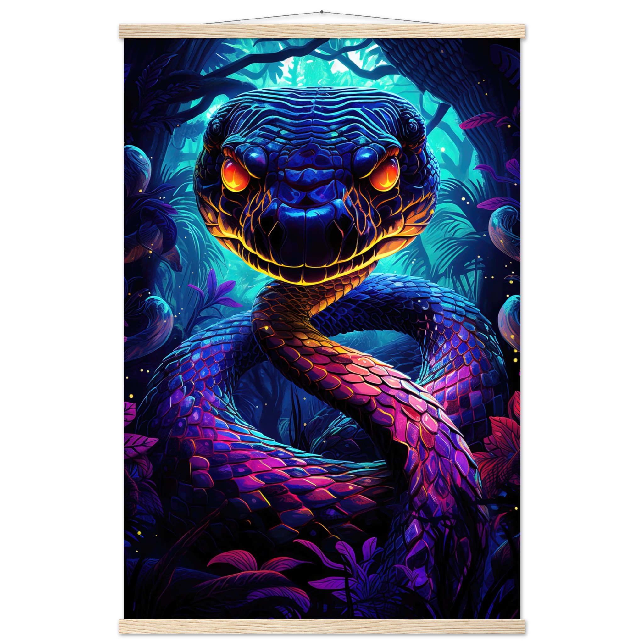 Psychedelic Snake Ultraviolet Colors Hanging Print – 60×90 cm / 24×36″, Natural wood wall hanger