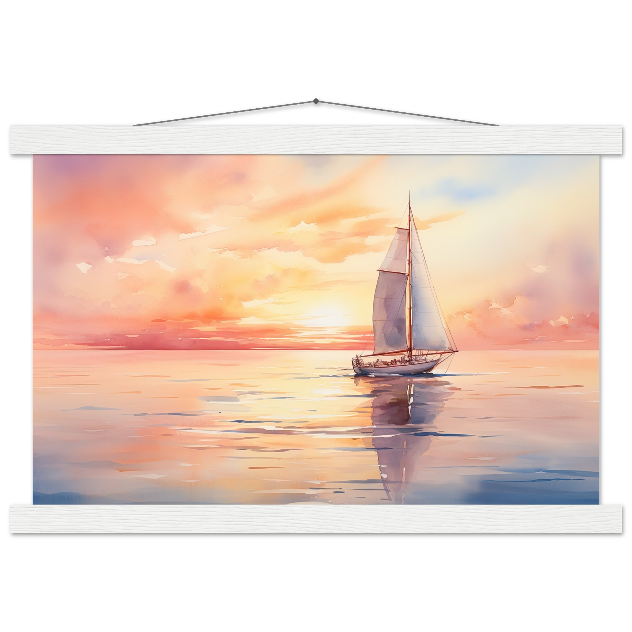 Beautiful Watercolor Sunset Sailboat Hanging Print – 30×45 cm / 12×18″, White wall hanger