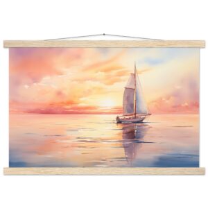 Beautiful Watercolor Sunset Sailboat Hanging Print - 40x60 cm / 16x24″, Natural wood wall hanger